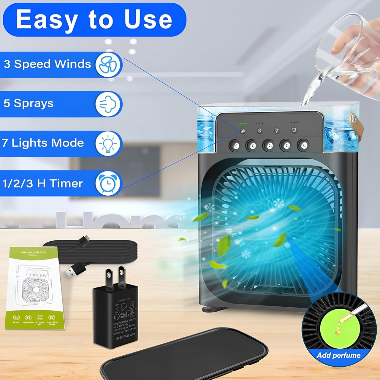 Portable Mini AC Cooler - USB Powered, Quiet Personal Air Conditioner with 3 Speeds, Misting, 360° Adjustment for Home, Office, Desk, and Car