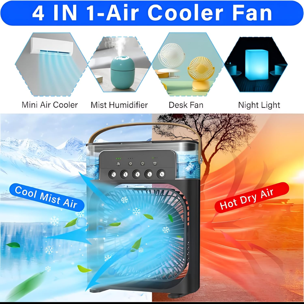 Portable Mini AC Cooler - USB Powered, Quiet Personal Air Conditioner with 3 Speeds, Misting, 360° Adjustment for Home, Office, Desk, and Car