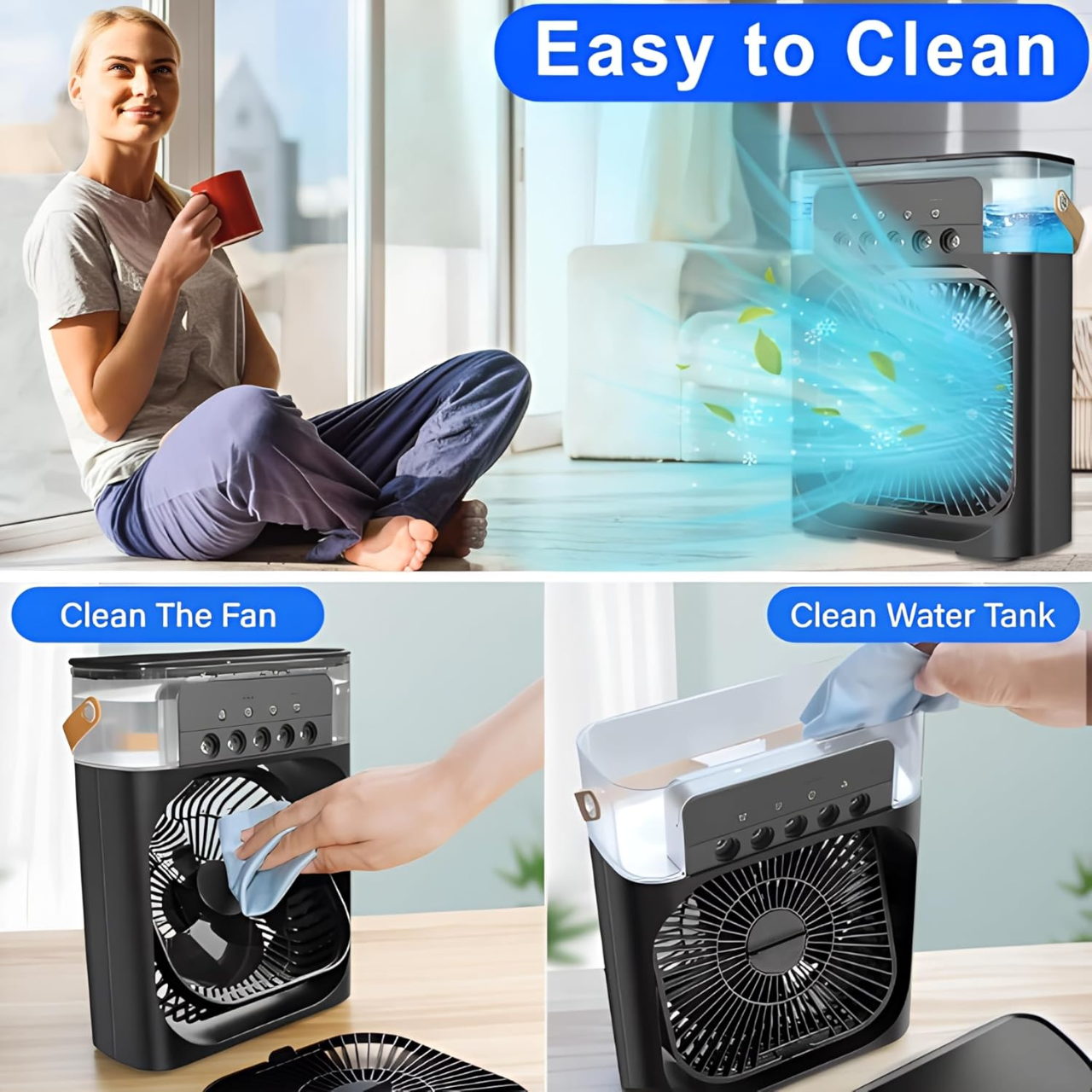 Portable Mini AC Cooler - USB Powered, Quiet Personal Air Conditioner with 3 Speeds, Misting, 360° Adjustment for Home, Office, Desk, and Car